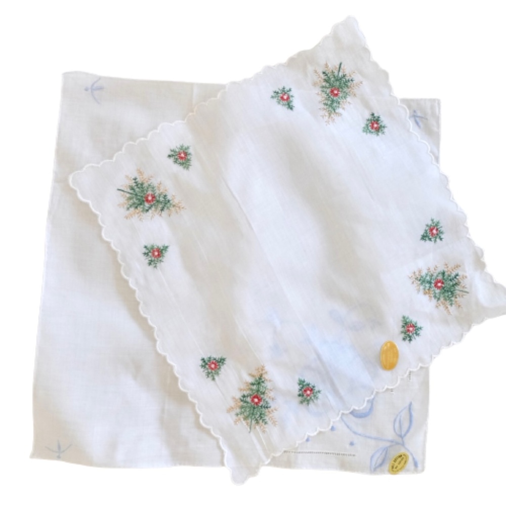 Vintage Embroidered Flower & Holiday Cotton Handkerchiefs -NEW WITH TAG~LOT OF 2
